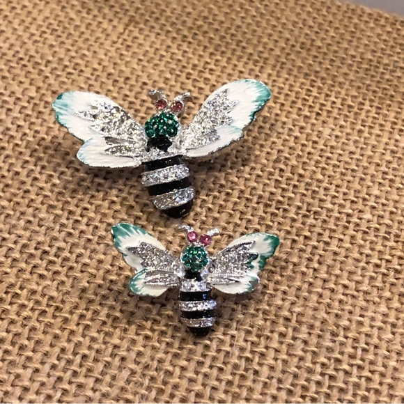 Vintage bees / wasps pins brooch set of 2, silver & teal.  Mom and baby - Picture 3 of 9